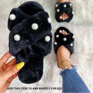 $10 ADD ON ITEM- Black Faux Fur Pearl Slides Fuzzy Cross-Band Slippers Shoes